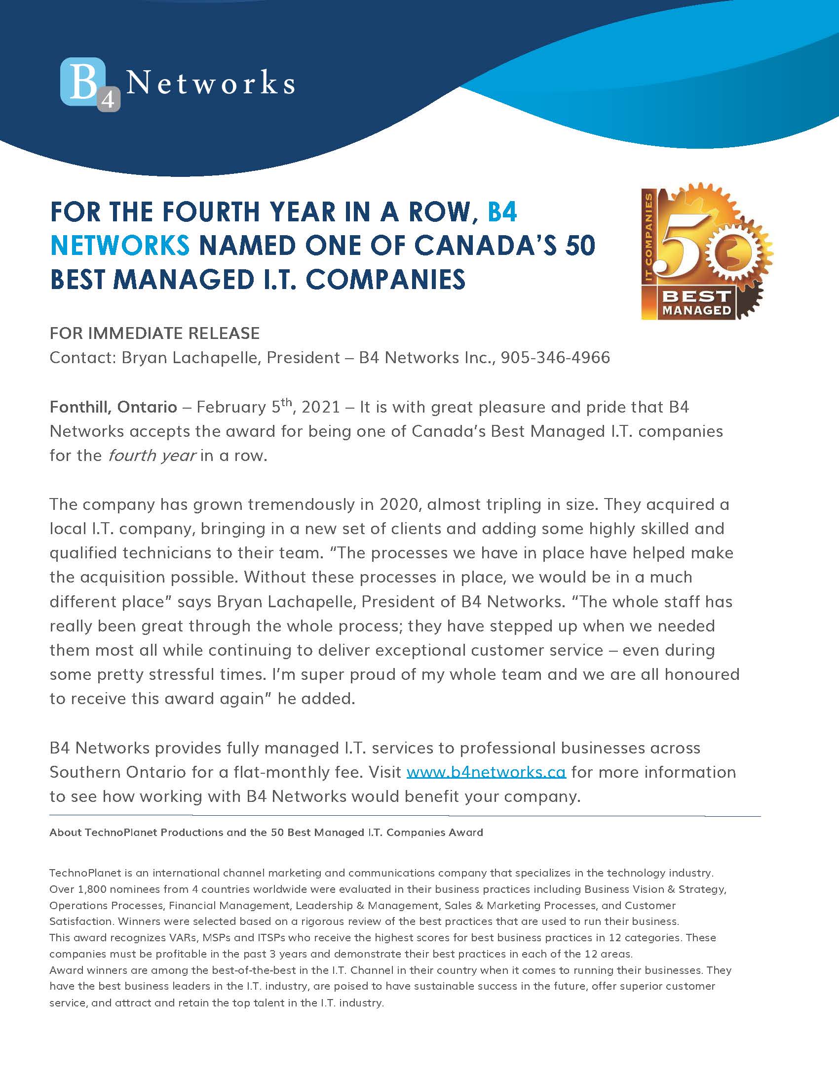 B4 Networks Named One of Canada's 50 Best Managed I.T Companies